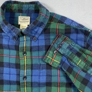 LL Bean Mens‎ Flannel Shirt Medium Traditional Fit Blue Green Plaid 228061